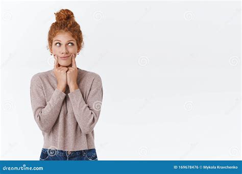 Silly Tender Cute Redhead Female With Curly Messy Bun Wear Sweater