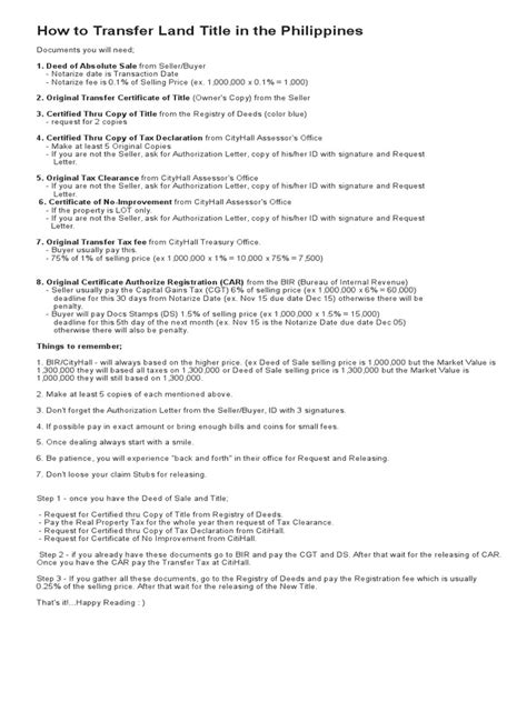 How To Transfer Land Title In The Philippines Title Property Taxes