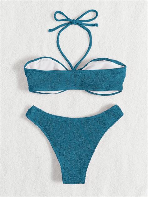 SHEIN Swim Chicsea Textured Bikini Set Halter Bra Bikini Bottom 2