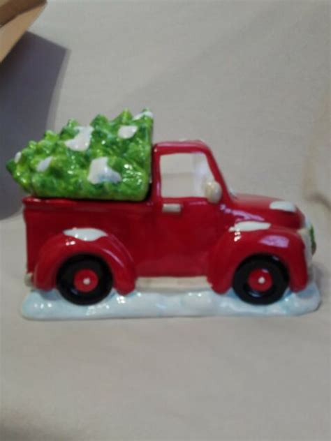 Ceramic Haind Painted Holiday Time Red Truck Christmas Tree Cookie Jar