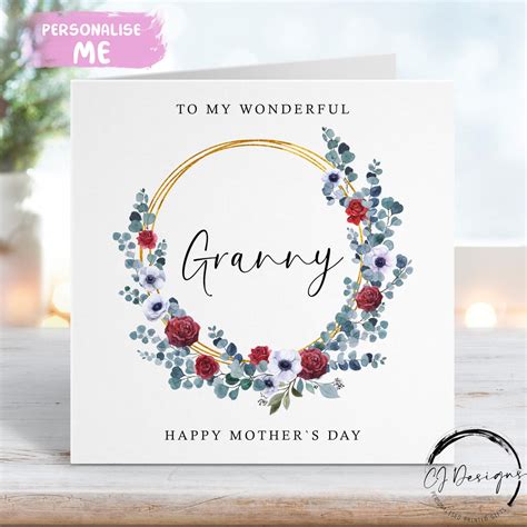 Granny Mothers Day Card Red Blue White And Gold Circle Floral Wreath Any Wording To Myto Our