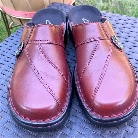 Clarks Shoes Clarks Red Leather Slip On Open Back Clogs Mules Size