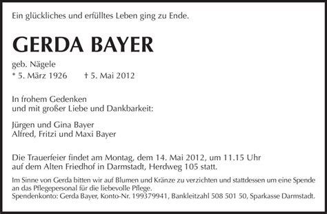 Traueranzeigen Von Gerda Bayer Vrm Trauer De