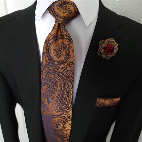 Gold Brown Black Paisley Silk Tie Pocket Square Cufflink Set Styletie