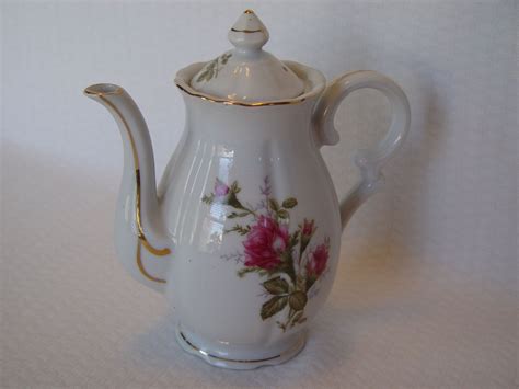 Vintage German Teapot Ross Pattern Gold Trim Moss Rose By