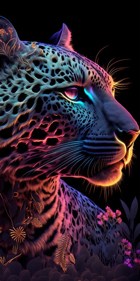 Леопард, Графика, Цветастый, Amoled (1080x2400) - обои для рабочего стола