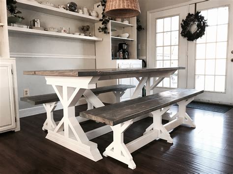 Two Tone Weathered Gray X Farmhouse Table And Benches Ana White