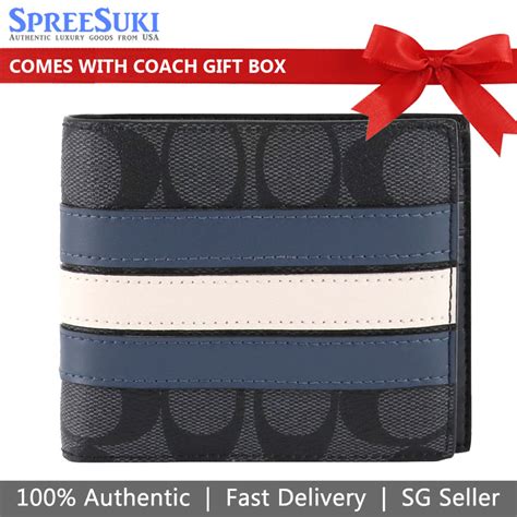 Spreesuki Coach Men 3 In 1 Wallet In Signature Canvas With Varsity Stripe Charcoal Black Denim