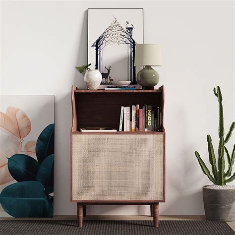 Japandi Nightstand Drawer Shelf Wooden Bedside Table Rattan Woven