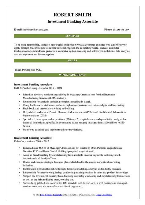 Investment Banking Associate Resume Samples Qwikresume