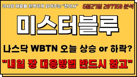 미스터블루 주가전망 나스닥 Wbtn 오늘 상승할까 하락할까 내일 장 대응방법 반드시 참고미스터블루주가 미스터블루