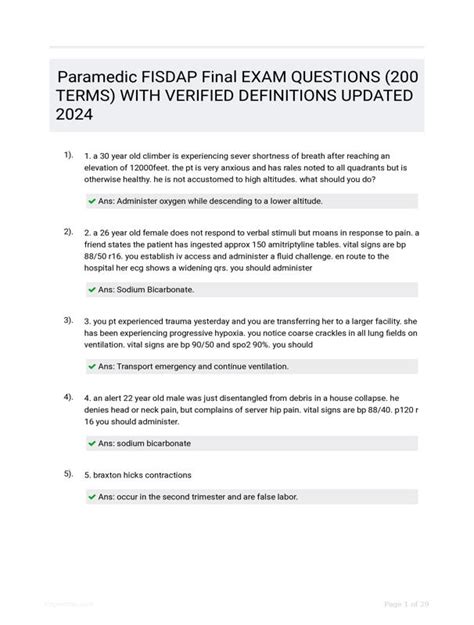 Paramedic Fisdap Final Exam Questions Terms With Verified