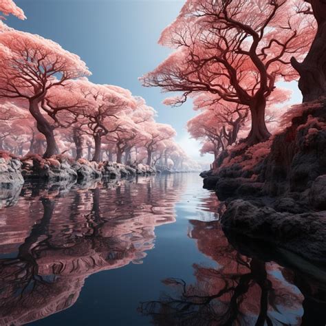 Premium Ai Image A Pink Tree Is Reflected In The Water