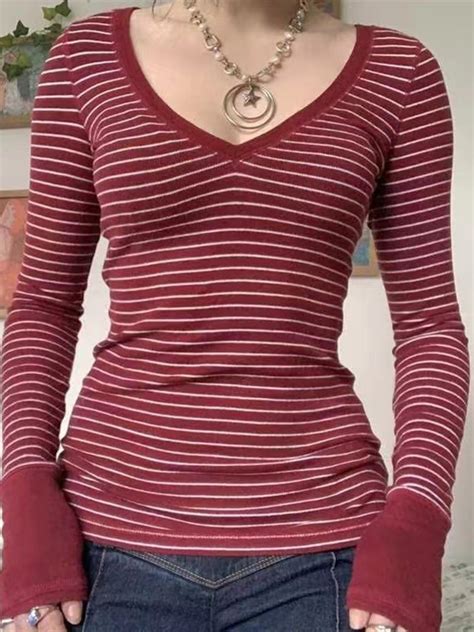 Emmiol Free Shipping 2024 Striped V Neck Knit Long Sleeve Tee Red M In