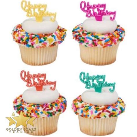 12pc Assorted Happy Birthday Cupcake Toppers Golden Stars Trading