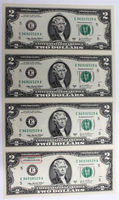 Uncut Sheet Of Two Dollar Bills Us X Bills Fr F A Great