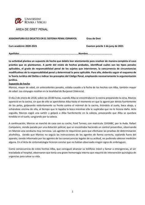 Examen Pr Ctic Dret Penal Part Especial Assignatura Els Delictes En