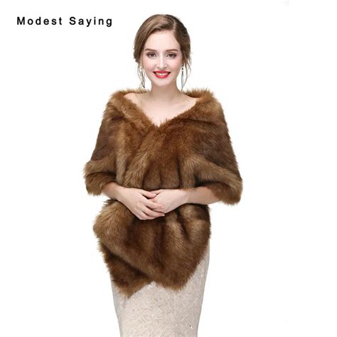 Elegant Brown Faux Fur Wedding Shrugs Imitation Fox Fur Bridal