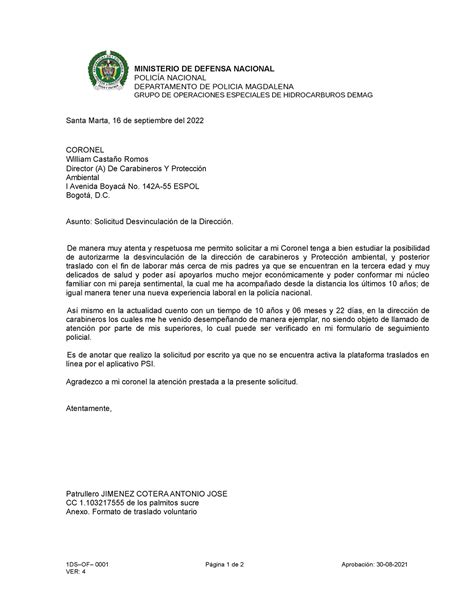 Solicitud Traslado Ministerio De Defensa Nacional Polic A Nacional