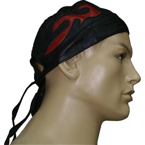 Hmb 901f Leather Biker Skull Cap Red Flames Bandana Motorcycle Durag