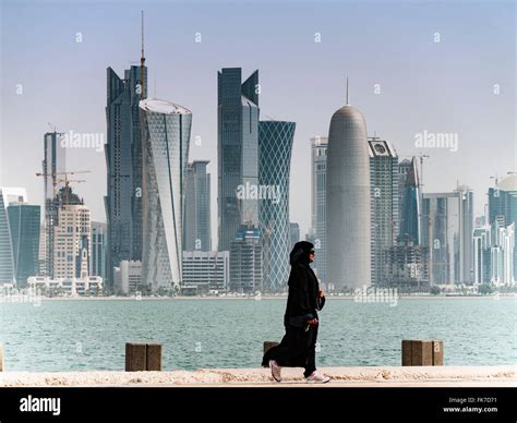 View Along Waterfront Of Corniche Towards Modern Office Towers In Doha