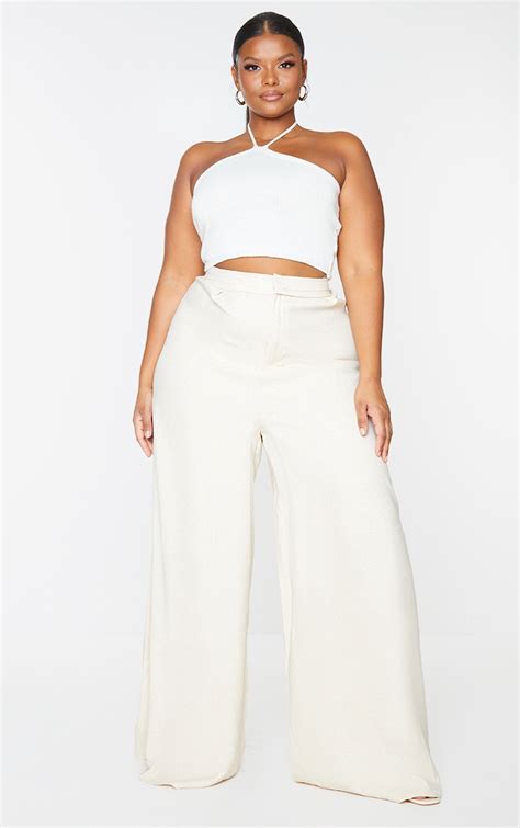 Plus Cream Woven Pleat Waistband Wide Leg Trousers Prettylittlething