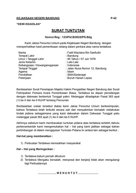 Surat Tuntutan Pencurian KEJAKSAAN NEGERI BANDUNG P DEMI KEADILAN