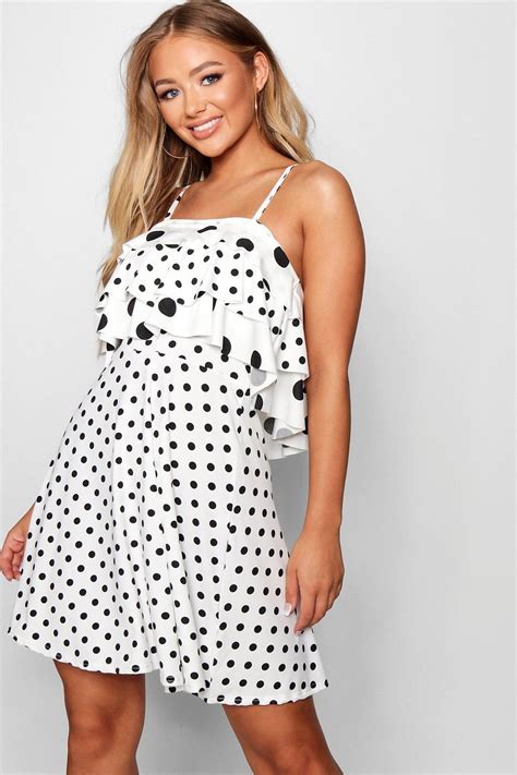 Tie Strap Layered Polka Dot Print Skater Dress Boohoo Uk Fashion