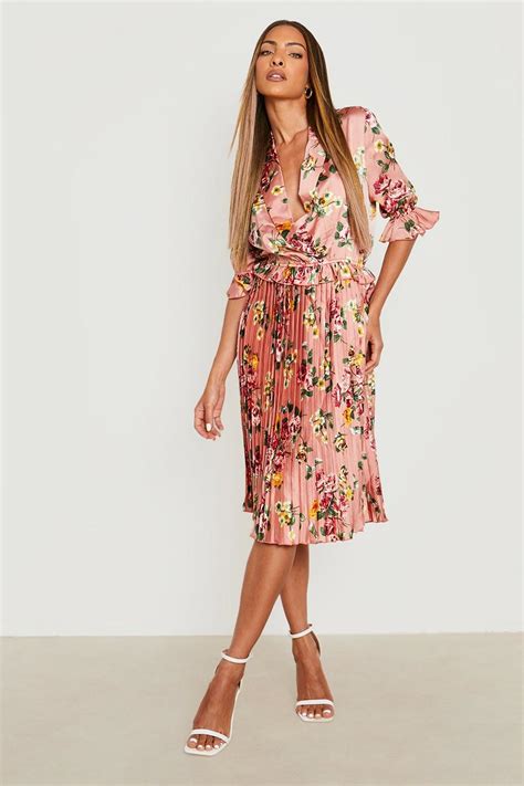 Satin Floral Pleated Midi Skater Dress Boohoo Uk