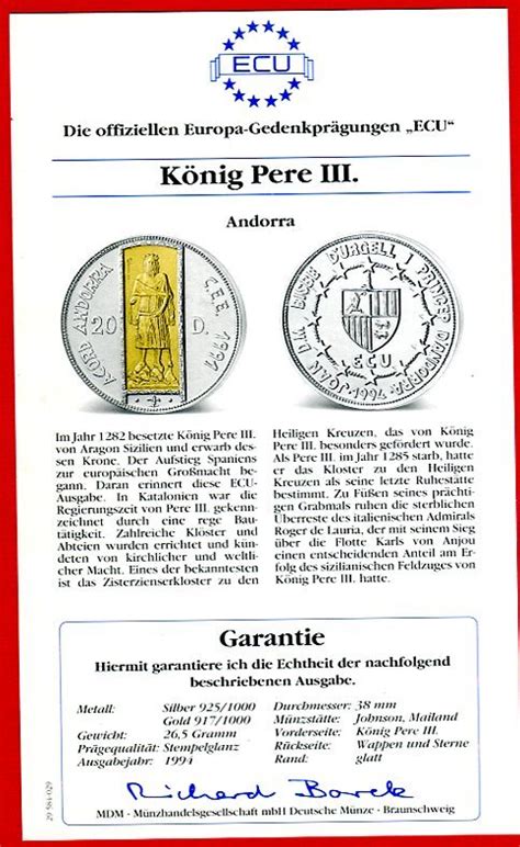 Andorra 20 Diners Bimetall Silber Gold 1994 König Pere III