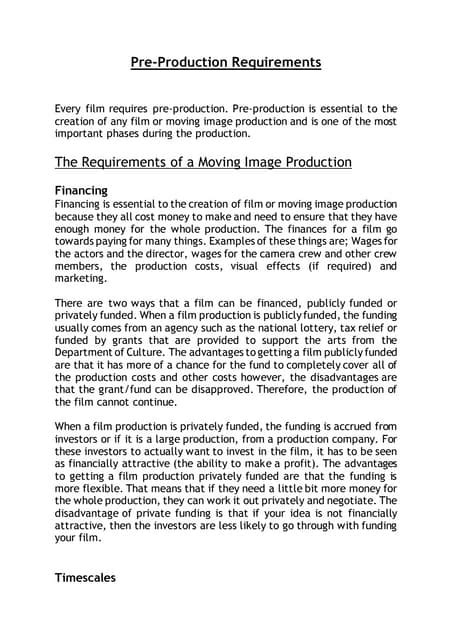 Pre Production Requirements Pdf