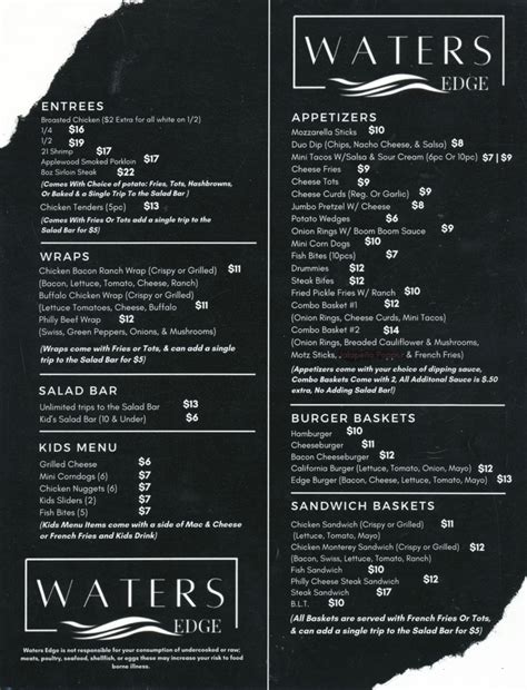 Waters Edge Starbuck Mn Menus