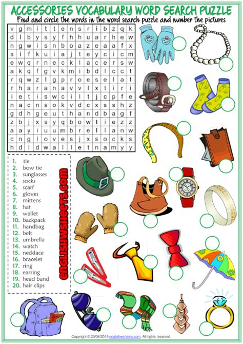 Accessories Esl Word Search Puzzle Worksheet For Kids