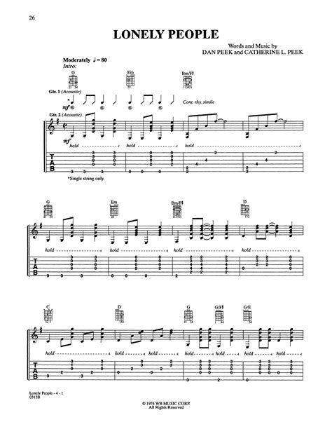 America "Lonely People" Sheet Music Notes | Download Printable PDF ...