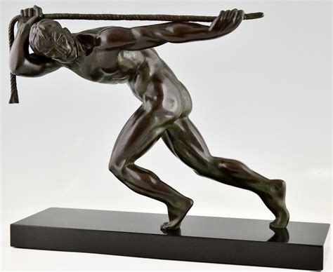 Art Deco Bronze Sculpture Athlete Pulling A Rope Deconamic