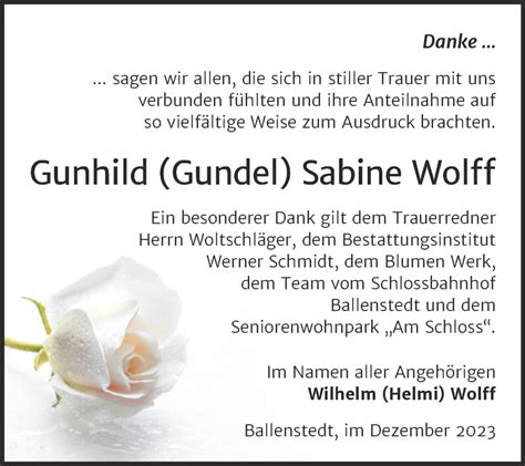 Traueranzeigen Von Gunhild Sabine Wolff Abschied Nehmen De