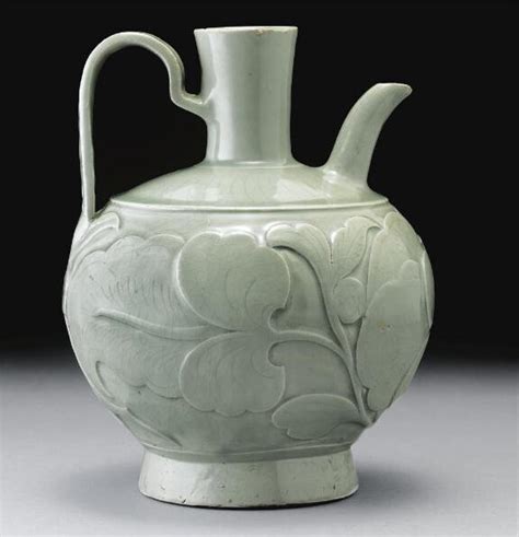 A Rare Early Yaozhou Relief Carved Globular Ewer Five Dynasties