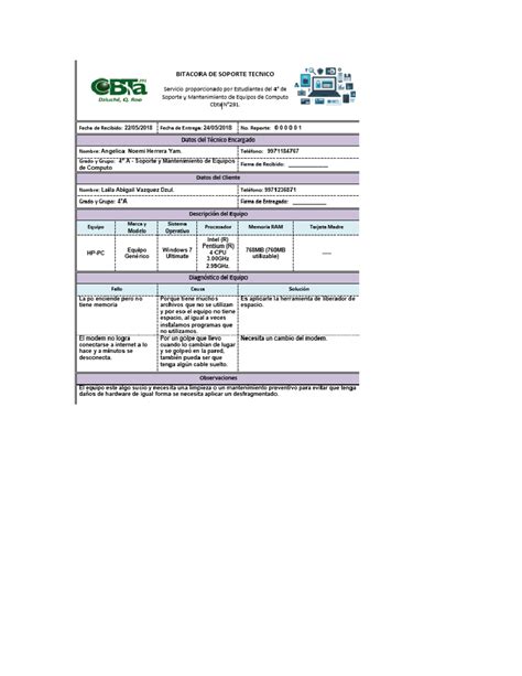 Formato Bitacora De Soporte Tecnico Obta Servicio Proporcionado Por