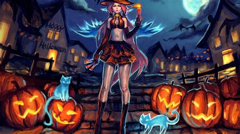 Anime Looking At Viewer Anime Girls Halloween Pumpkin Long Hair Original Characters Hd