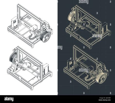 Stylized Vector Illustration Of Isometric Blueprints Of D Printer