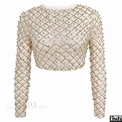 Fisdy Exquisite Long Sleeve Sheer Mesh Crop Top With Luxury Faux