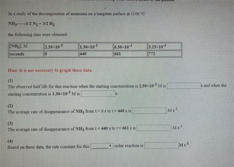 Solved In a study of the decomposition of ammonia on a | Chegg.com