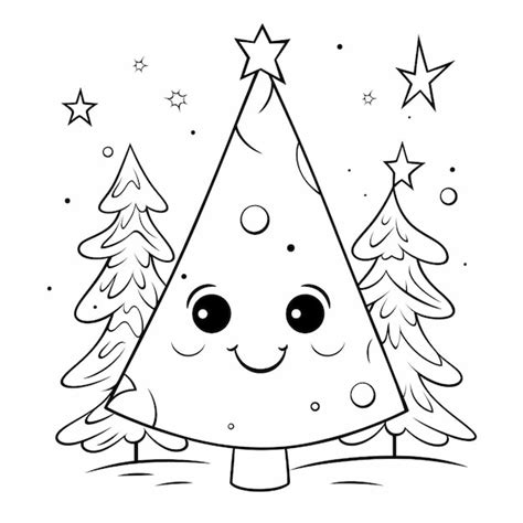 Un dibujo en blanco y negro de un árbol de navidad con una estrella en