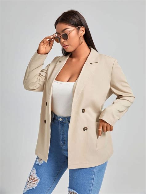 Plus Lapel Neck Double Breasted Blazer Cream Blazer Outfit Dressy Casual Outfits Blazer Outfits