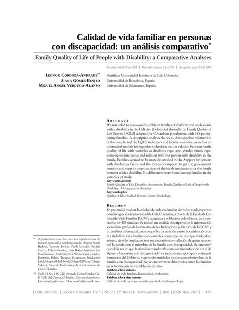 Pdf Calidad De Vida Familiar En Personas Con Discapacidad Un