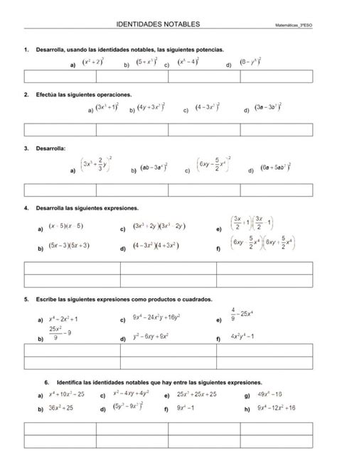 Ejercicios interactivos de identidades notables en álgebra y polinomios