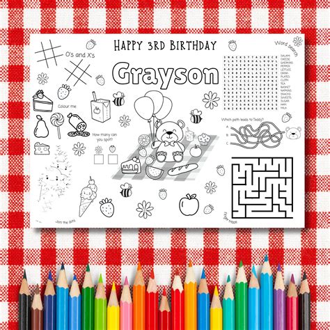 Custom Teddy Bears Picnic Colouring Page Activity Sheet Placemat ...