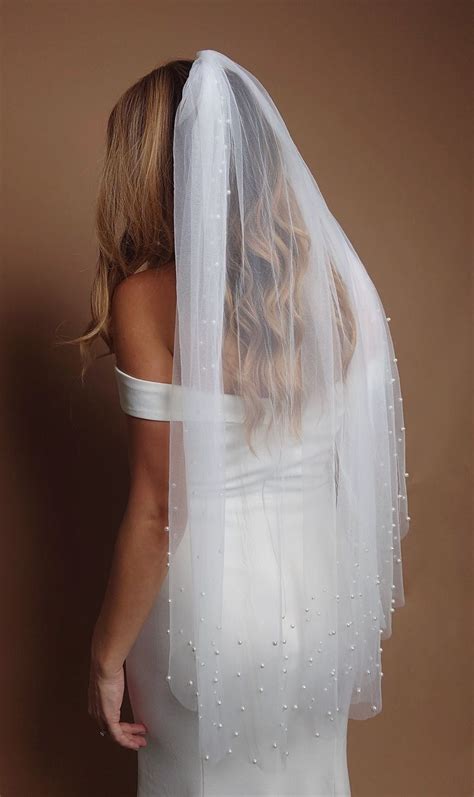 Pearl Veil White Wedding Veil Fingertip Veil Pearl Veil Pearl Elbow