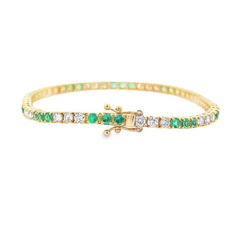 Tennis Bracelet White Diamonds 2 00 Ct And Green Emerald 1 80ct In 14k