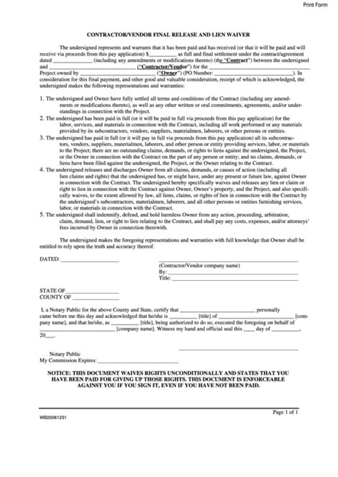 Fillable Contractor Vendor Final Release And Lien Waiver Form Printable